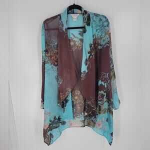 Citron Blue Brown Floral Silk Open Front Sheer Waterfall Covwr Up Cardigan M